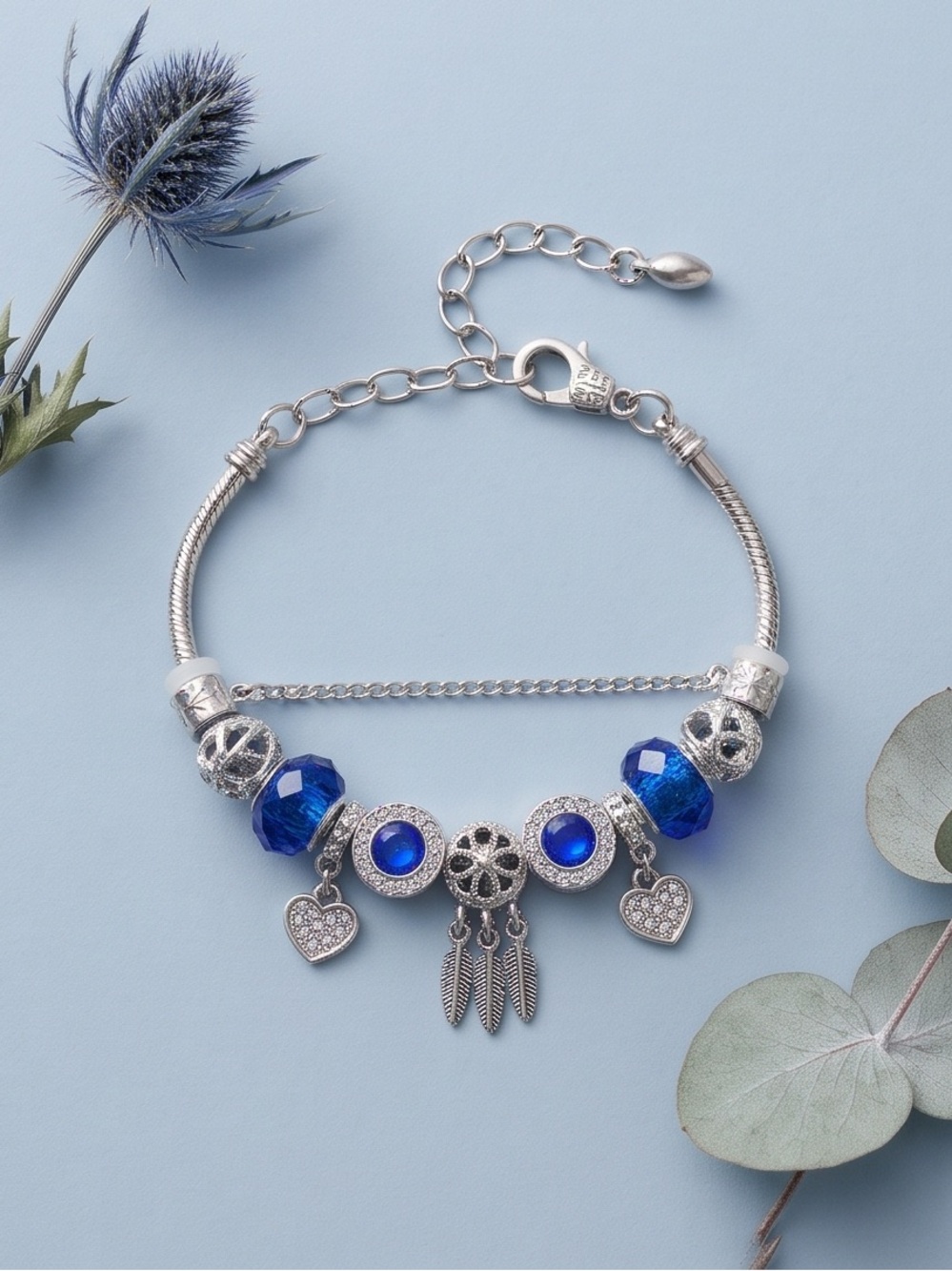 Silver Dreamcatcher & Royal Blue Charm Bracelet (Adjustable 6"–8")